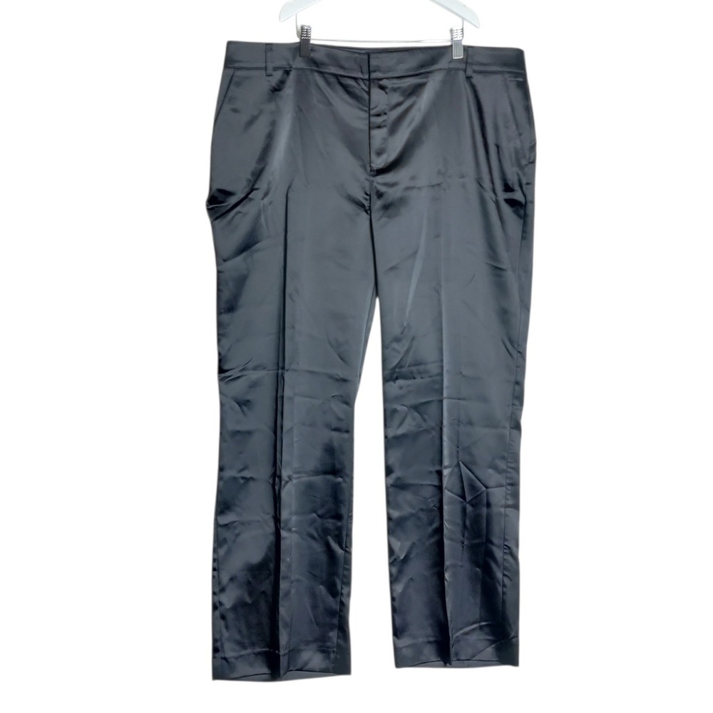 Monari Black Satin Straight Leg Trousers Size 16 Dress Pants Stretch Pocketed